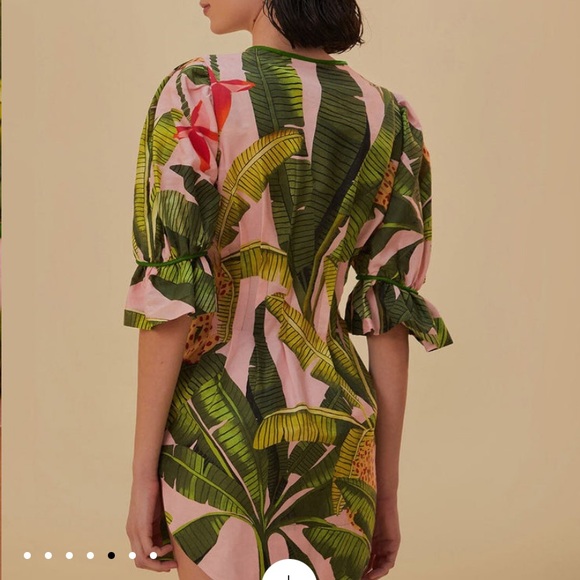 Sold Farm Rio Pink banana leavess v neck mini dress XS - Picture 5 of 7